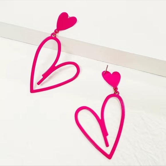 Hot Pink Matte Double Heart Earrings Drop Dangle Cutout Hearts Nwt - Picture 3 of 8